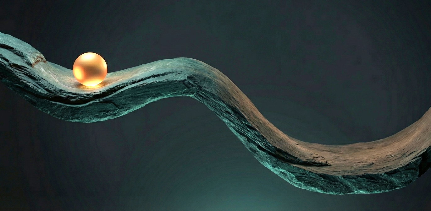 A glowing amber sphere resting in a shallow dip on a dark geological surface, with a deeper valley beyond a ridge — illustrating a metastable energy state.