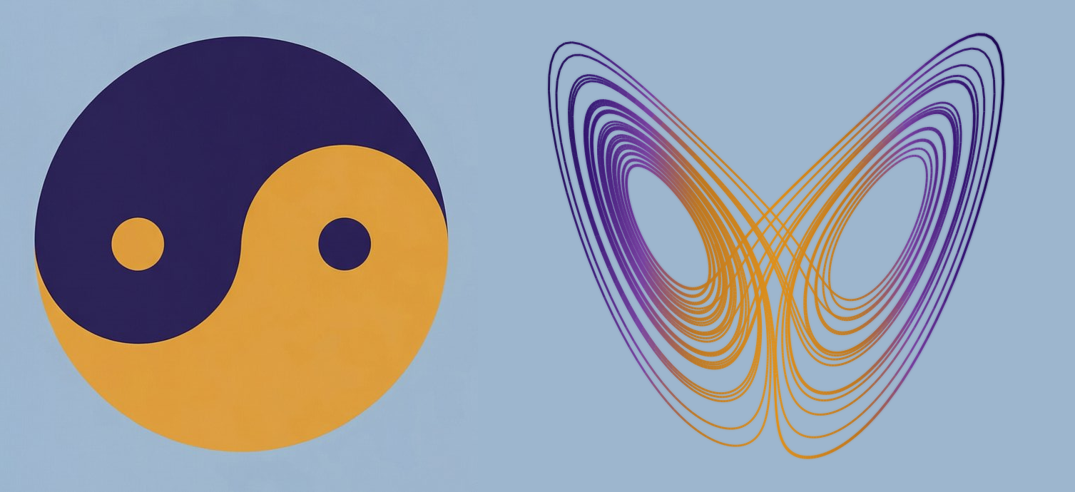 The Taijitu (yin-yang symbol) on the left and the Lorenz strange attractor on the right, side by side on a pale steel-blue background
